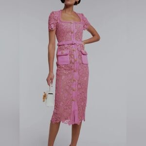 Self Portrait GUIPURE Pink Lace Midi Dress with Belt